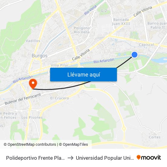 Polideportivo Frente Plantío to Universidad Popular Unipec map