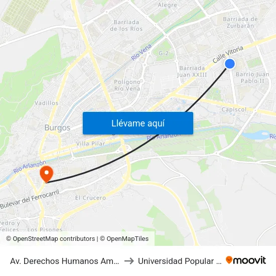 Av. Derechos Humanos Ambulatorio to Universidad Popular Unipec map
