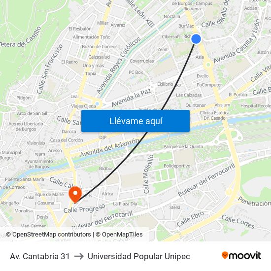 Av. Cantabria 31 to Universidad Popular Unipec map