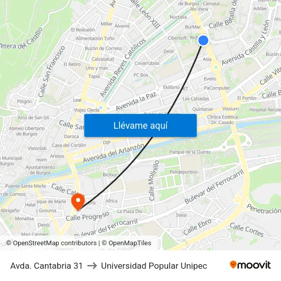 Avda. Cantabria 31 to Universidad Popular Unipec map
