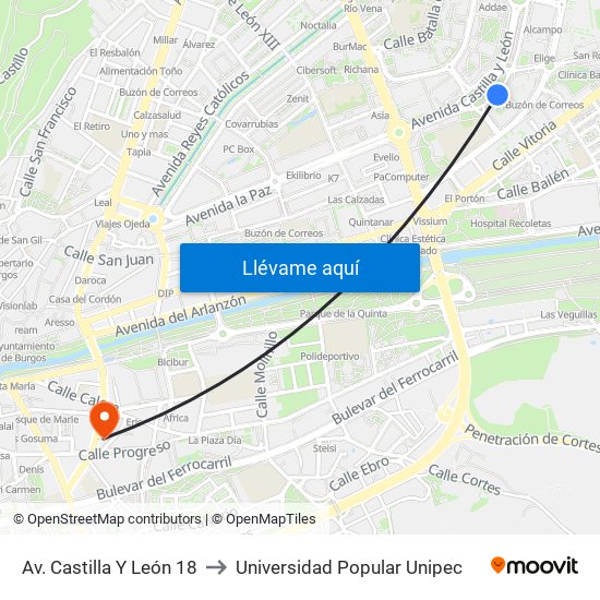 Av. Castilla Y León 18 to Universidad Popular Unipec map