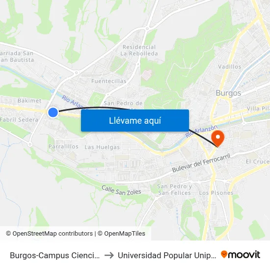 Burgos-Campus Ciencias to Universidad Popular Unipec map
