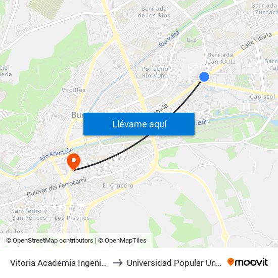 Vitoria Academia Ingenieros to Universidad Popular Unipec map