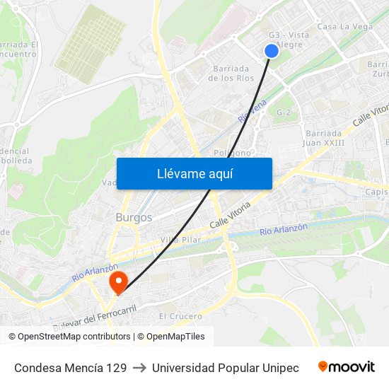Condesa Mencía 129 to Universidad Popular Unipec map