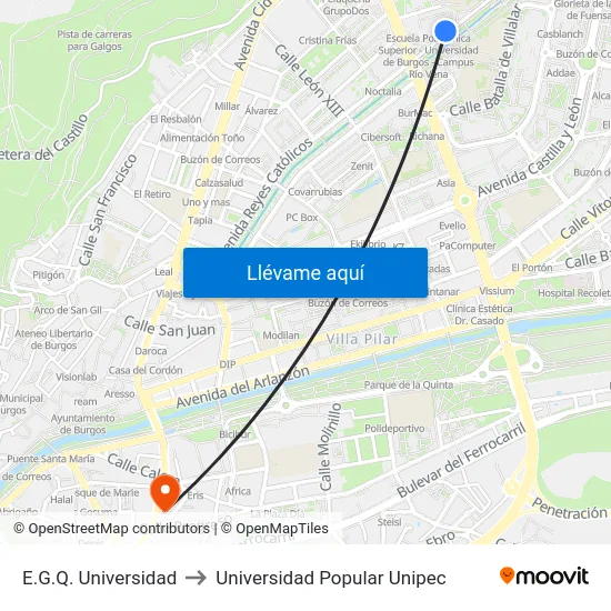 E.G.Q. Universidad to Universidad Popular Unipec map