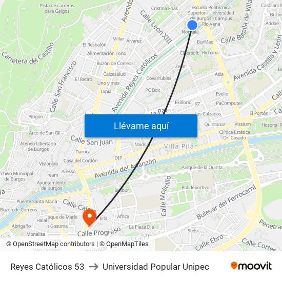 Reyes Católicos 53 to Universidad Popular Unipec map