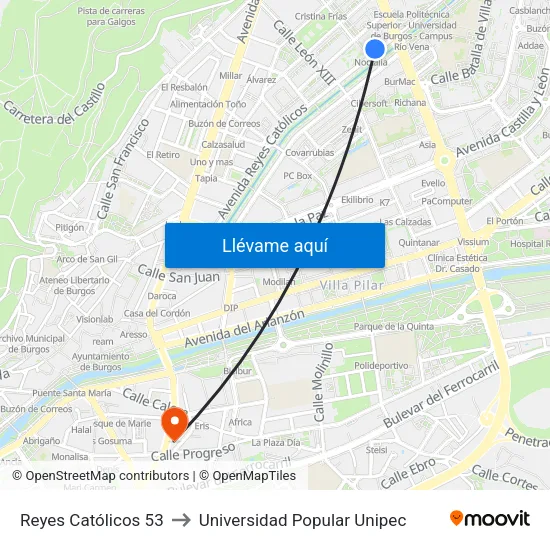 Reyes Católicos 53 to Universidad Popular Unipec map