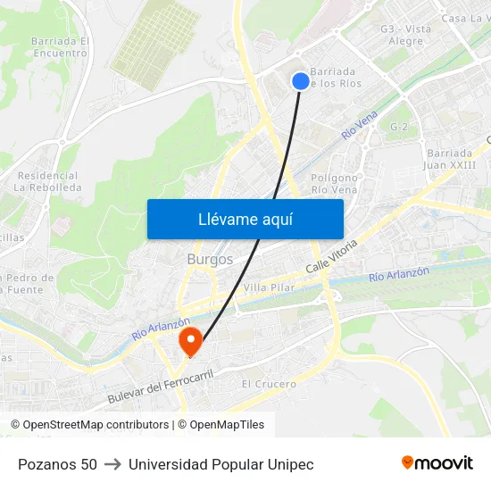 Pozanos 50 to Universidad Popular Unipec map