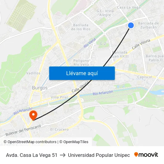 Avda. Casa La Vega 51 to Universidad Popular Unipec map
