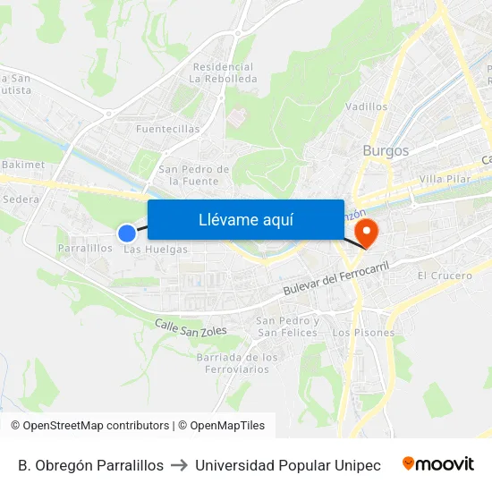 B. Obregón Parralillos to Universidad Popular Unipec map