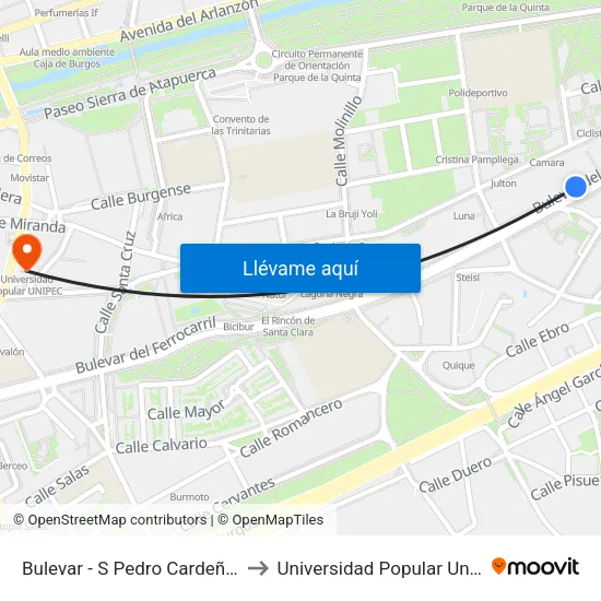 Bulevar - S Pedro Cardeña 56 to Universidad Popular Unipec map