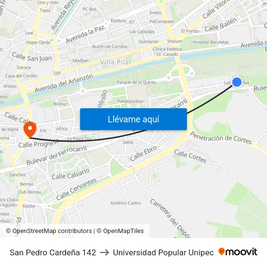 San Pedro Cardeña 142 to Universidad Popular Unipec map