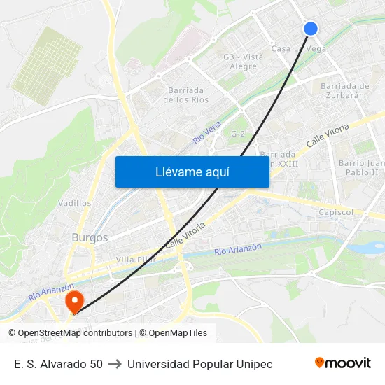 E. S. Alvarado 50 to Universidad Popular Unipec map