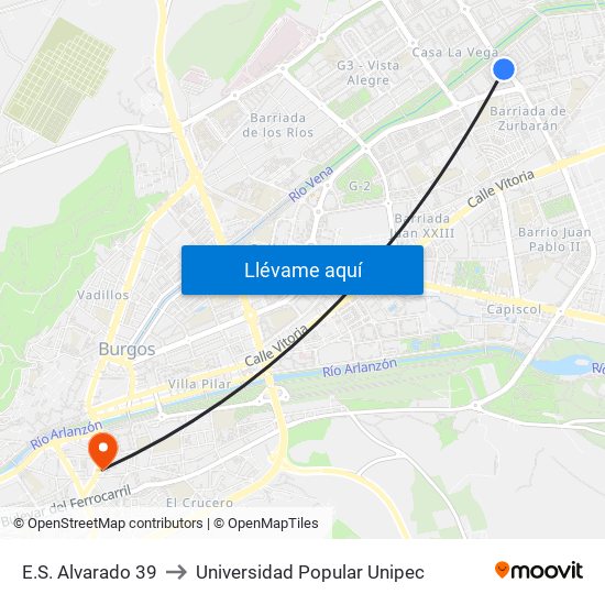 E.S. Alvarado 39 to Universidad Popular Unipec map
