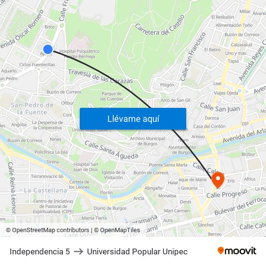 Independencia 5 to Universidad Popular Unipec map