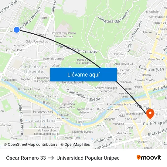 Óscar Romero 33 to Universidad Popular Unipec map