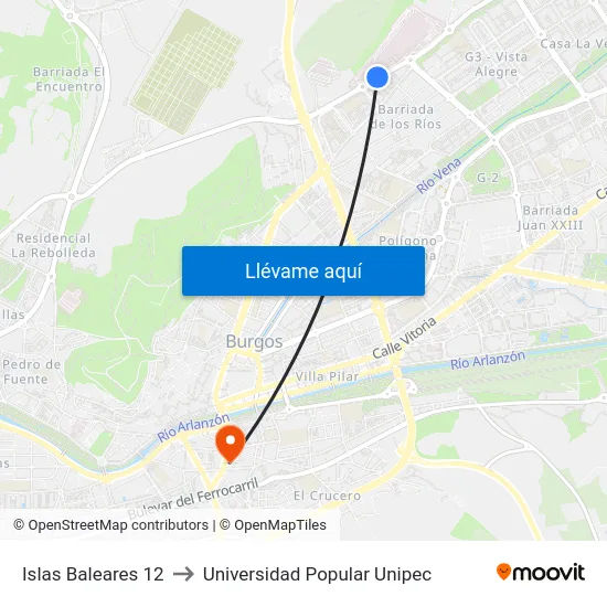 Islas Baleares 12 to Universidad Popular Unipec map