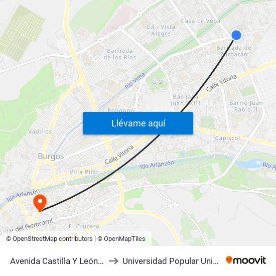 Avenida Castilla Y León 69 to Universidad Popular Unipec map