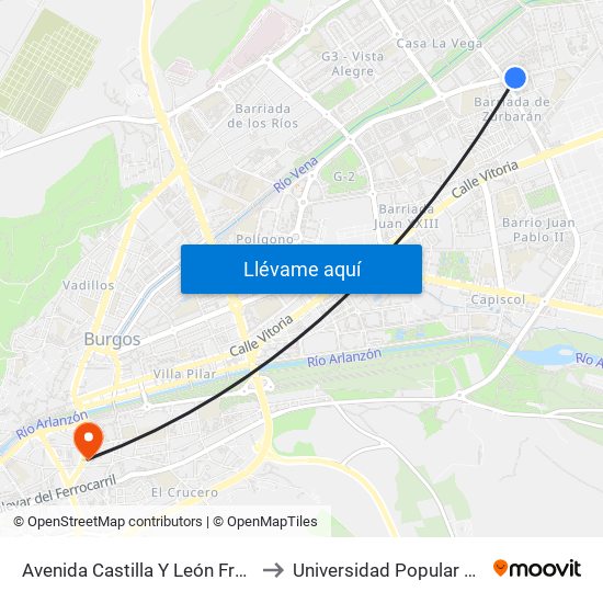 Avenida Castilla Y León Frente 69 to Universidad Popular Unipec map
