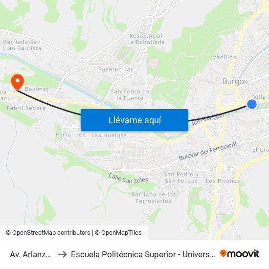 Av. Arlanzón P. Gasset to Escuela Politécnica Superior - Universidad De Burgos - Campus Milanera map