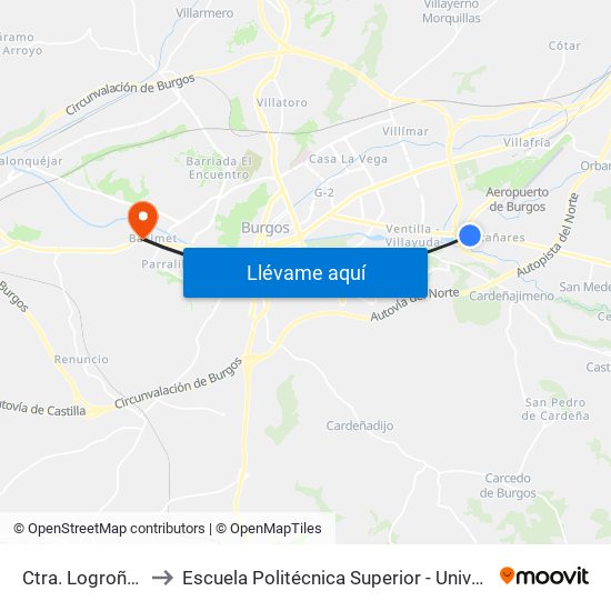 Ctra. Logroño Frente El Soto to Escuela Politécnica Superior - Universidad De Burgos - Campus Milanera map