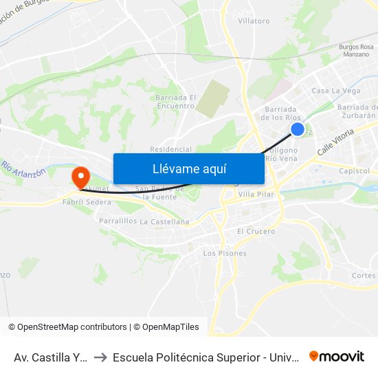 Av. Castilla Y León Frente 38 to Escuela Politécnica Superior - Universidad De Burgos - Campus Milanera map