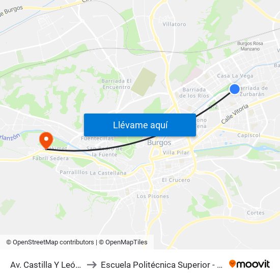 Av. Castilla Y León Pares Av. Casa La Vega to Escuela Politécnica Superior - Universidad De Burgos - Campus Milanera map