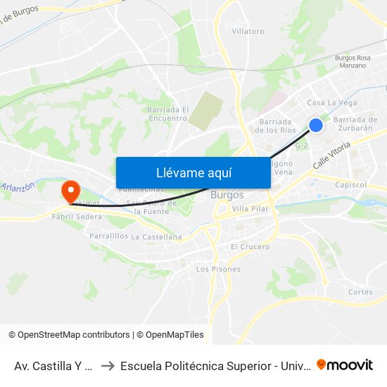 Av. Castilla Y León Frente Al 70 to Escuela Politécnica Superior - Universidad De Burgos - Campus Milanera map