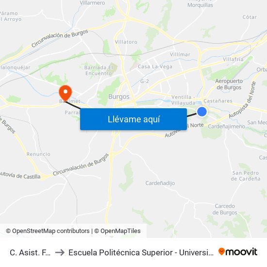 C. Asist. F. Blancas 1 to Escuela Politécnica Superior - Universidad De Burgos - Campus Milanera map
