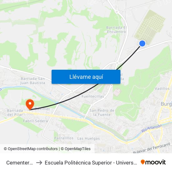Cementerio San José to Escuela Politécnica Superior - Universidad De Burgos - Campus Milanera map