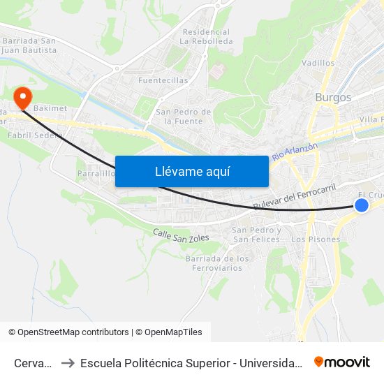 Cervantes 22 to Escuela Politécnica Superior - Universidad De Burgos - Campus Milanera map