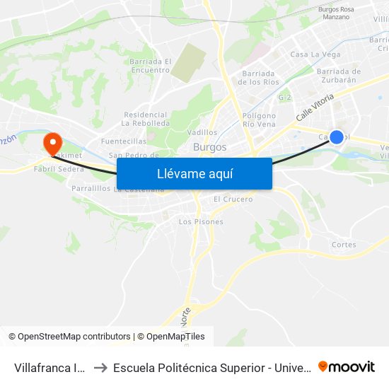Villafranca Iglesia Capiscol to Escuela Politécnica Superior - Universidad De Burgos - Campus Milanera map