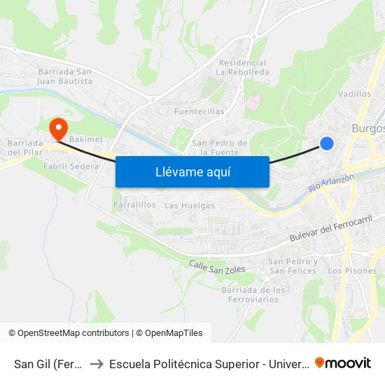San Gil (Fernán González) to Escuela Politécnica Superior - Universidad De Burgos - Campus Milanera map