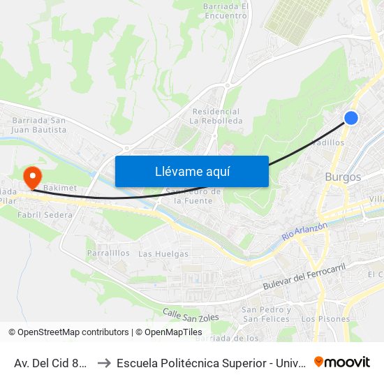 Av. Del Cid 80 Fco. Sarmiento to Escuela Politécnica Superior - Universidad De Burgos - Campus Milanera map