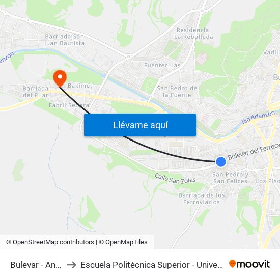 Bulevar - Antigua Estación to Escuela Politécnica Superior - Universidad De Burgos - Campus Milanera map