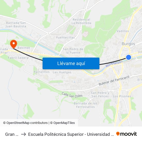 Gran Teatro to Escuela Politécnica Superior - Universidad De Burgos - Campus Milanera map