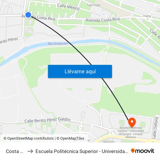 Costa Rica 108 to Escuela Politécnica Superior - Universidad De Burgos - Campus Milanera map
