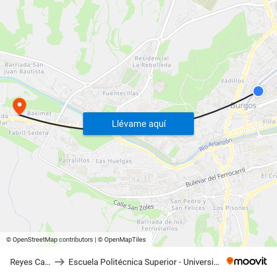 Reyes Católicos 16 to Escuela Politécnica Superior - Universidad De Burgos - Campus Milanera map