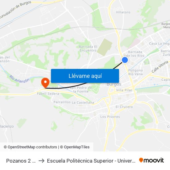 Pozanos 2 Av. Cantabria to Escuela Politécnica Superior - Universidad De Burgos - Campus Milanera map