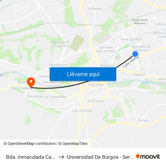Bda. Inmaculada Casa La Vega 2 to Universidad De Burgos - Servicios Centrales map