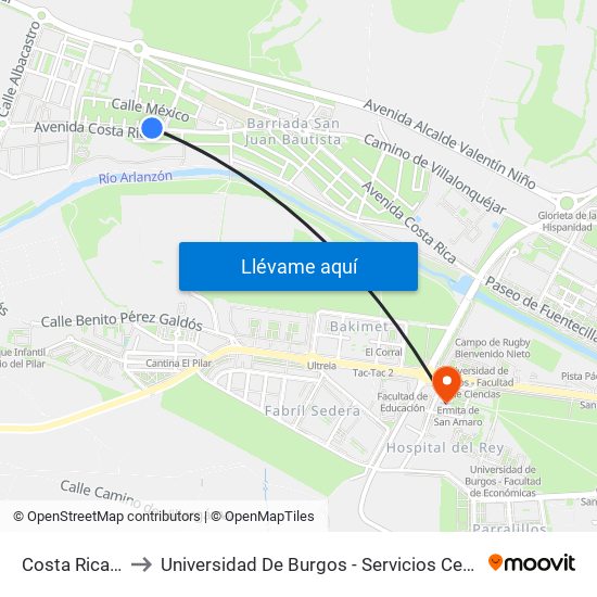 Costa Rica 68 to Universidad De Burgos - Servicios Centrales map