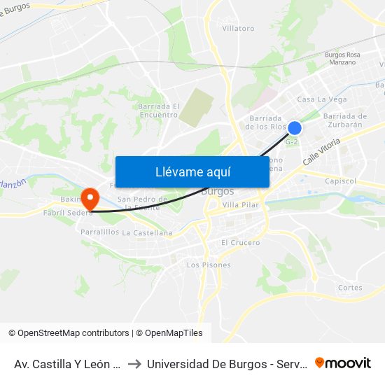 Avda. Castilla Y León 54 to Universidad De Burgos - Servicios Centrales map