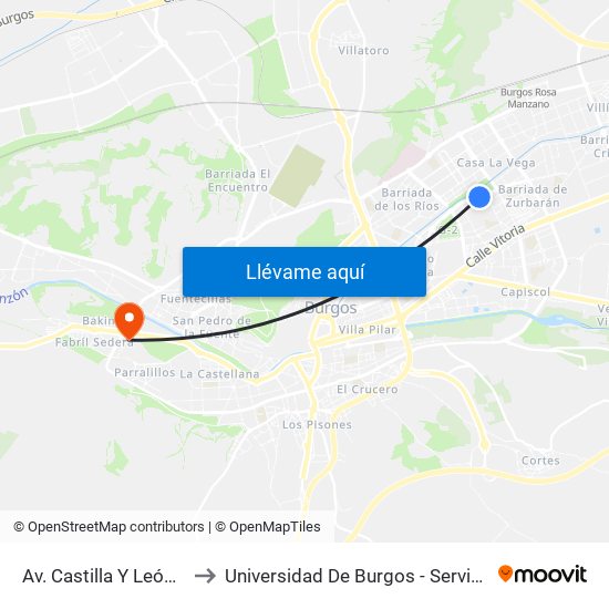 Av. Castilla Y León Bellayna to Universidad De Burgos - Servicios Centrales map