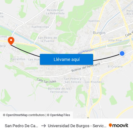 San Pedro De Cardeña 46 to Universidad De Burgos - Servicios Centrales map