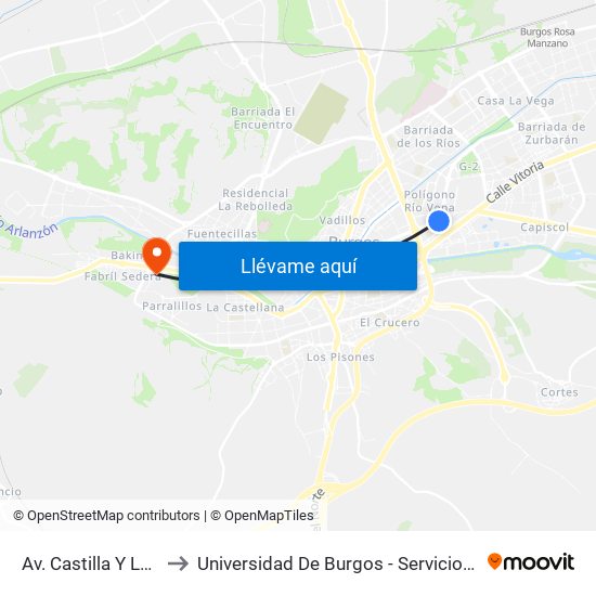 Av. Castilla Y León 18 to Universidad De Burgos - Servicios Centrales map