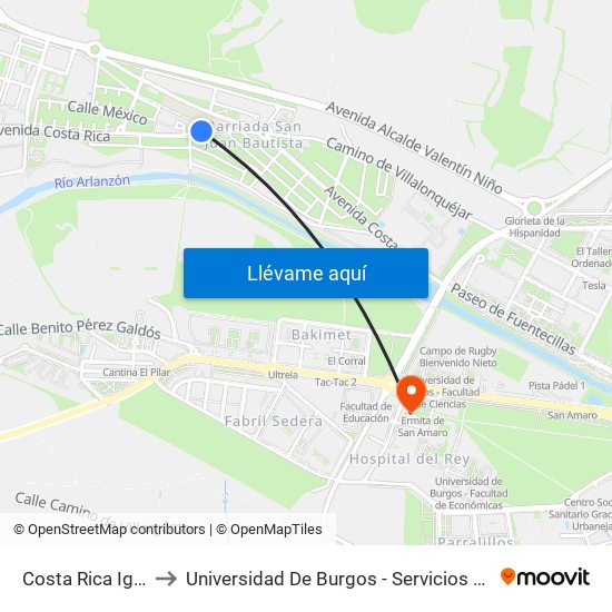 Costa Rica Iglesia to Universidad De Burgos - Servicios Centrales map