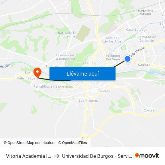 Vitoria Academia Ingenieros to Universidad De Burgos - Servicios Centrales map