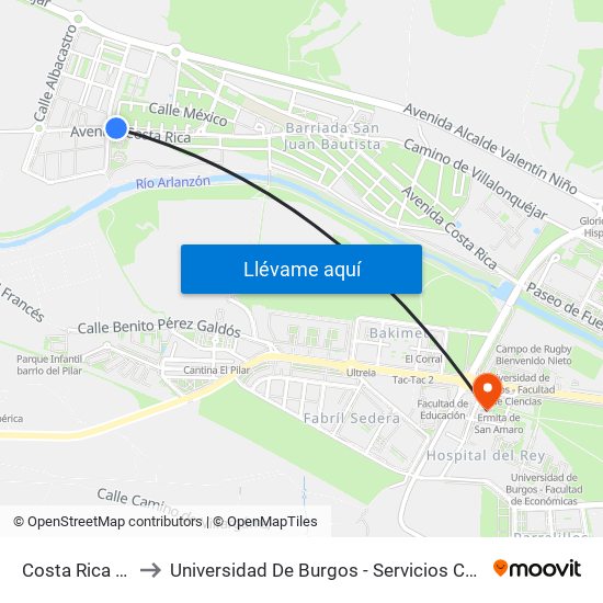 Costa Rica 108 to Universidad De Burgos - Servicios Centrales map