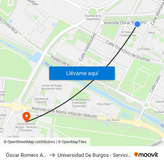 Óscar Romero Aspanias to Universidad De Burgos - Servicios Centrales map