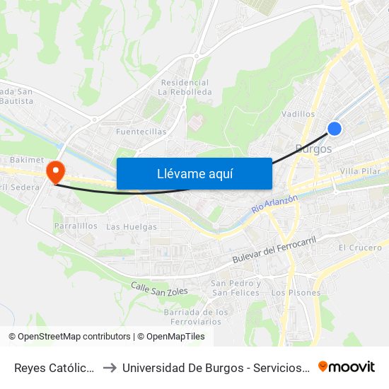 Reyes Católicos 16 to Universidad De Burgos - Servicios Centrales map